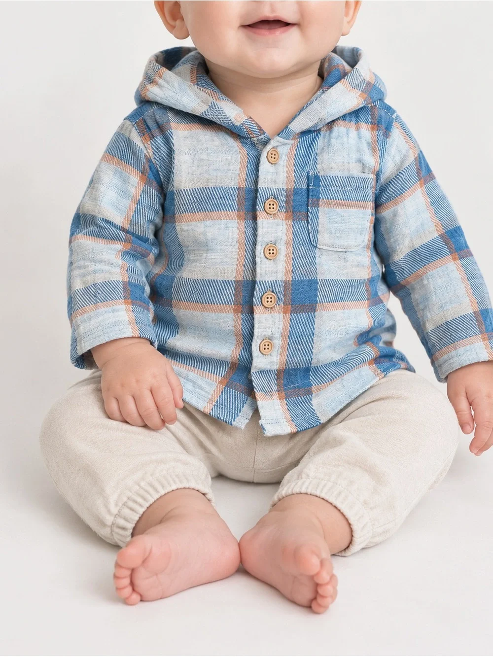 NWOT Baby Blue Plaid Hooded Button-Up Shirt
